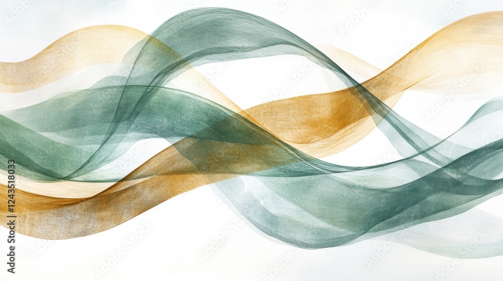 Poster pencil strokes create flowing arcs in muted green and gold hues, showcasing a harmonious blend of co