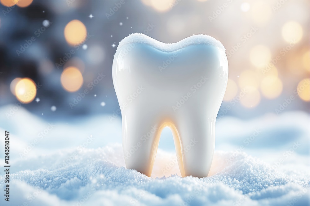 Poster Tooth model covered with snowflakes on a snowy surface and bokeh lighting background.