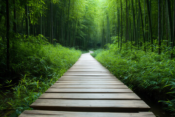Fototapeta premium P A rustic scene of a wooden pathway through