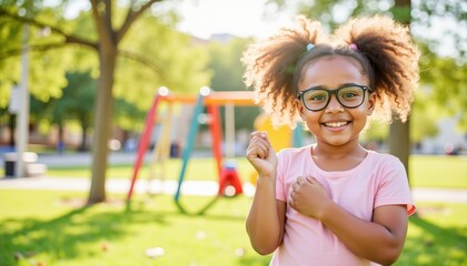 Confident child smiling in park with toys, empowerment through vision