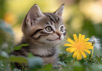 Adorable Tabby Kitten Surrounded by Greenery and Yellow Flower Captured in Soft Focus with Natural Light in Outdoor Setting