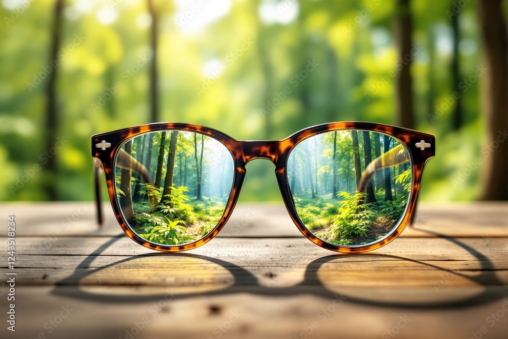 Aufkleber Focused view of a forest through tortoiseshell glasses on a wooden surface, with sunlight and nature blurred in the background.