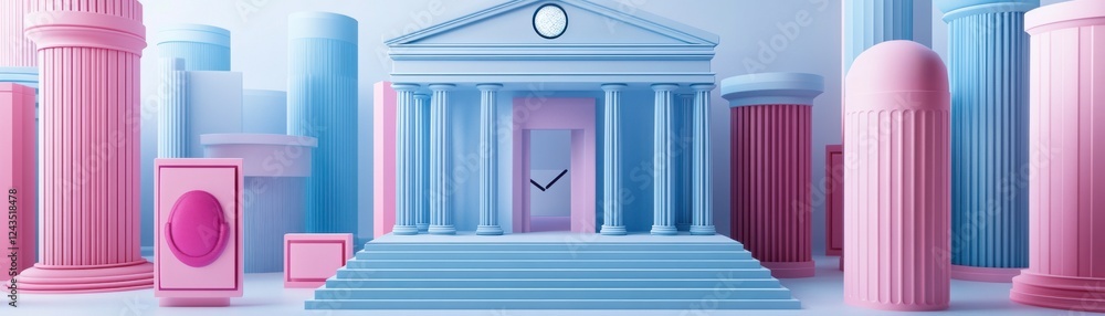 Aufkleber a stylized building with a clock and colorful columns, set in a vibrant scene reflecting a blend of 