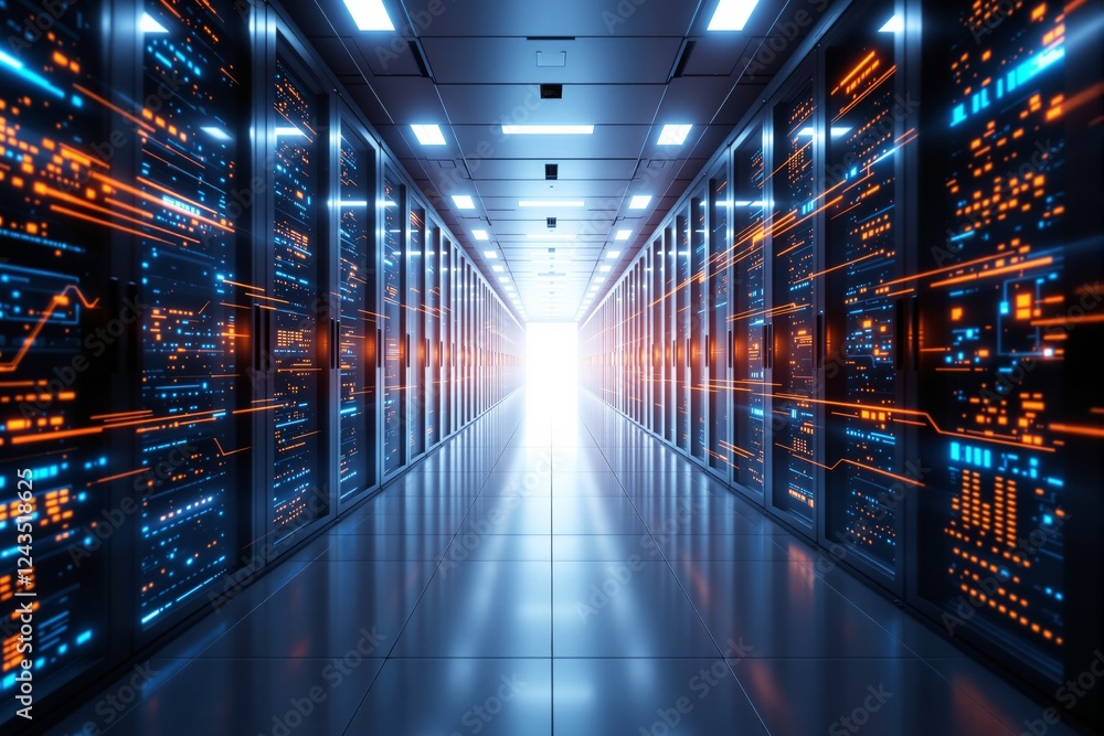 Poster Bright futuristic data center hallway with glowing servers and digital light patterns.