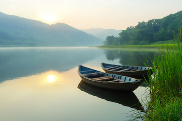 Fototapeta premium P A serene image of a peaceful river with tra