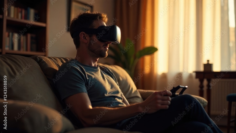 Poster a man is playing a vr game in a room with a free space for text on the side.