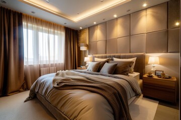 Interior of a cozy modern bedroom in light brown and beige tones apartment home interior