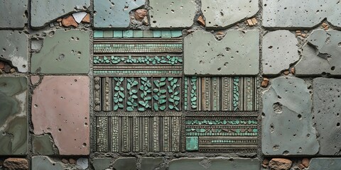 Heavily Weathered Decorative Tile Wall with Foliage Motifs Abstract Art and Unique Design
