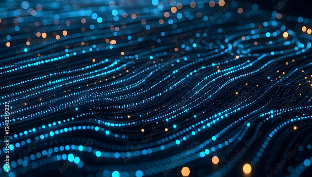 Poster abstract digital background with a blue, glowing wave of dots and lines on a dark blue background