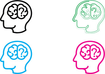 Minimalist line drawing, human head profiles, brain icons, colorful outlines, simplistic design, thinking concept, mental health illustration, cognitive symbols, four-color scheme, flat graphic style,