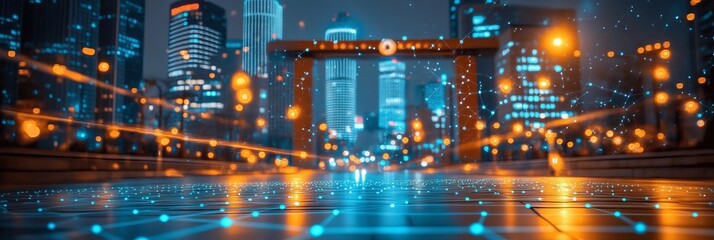 Connected Cityscape Illuminated Skyline with Futuristic Network Overlay and Abstract Urban Scene