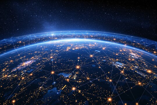 Global network connections illuminated on Earth's surface viewed from space.