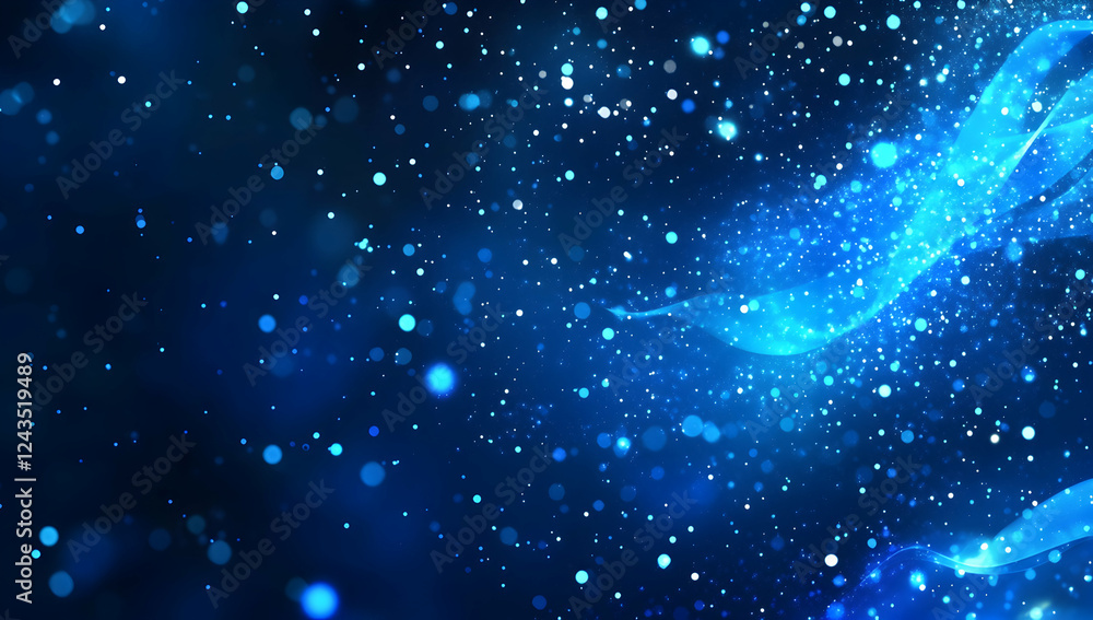 Poster abstract digital background with a blue, glowing wave of dots and lines on a dark blue background