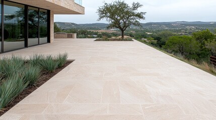 Hillside patio, modern home, scenic view, outdoor living