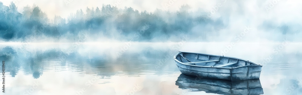 Poster calm water reflection with a rustic boat in a misty landscape near a forest at dawn