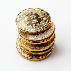 Bitcoin physical coins arranged in pyramid shape on white surface