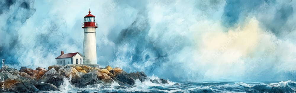 Poster lighthouse standing against stormy skies at the coastline with turbulent waves crashing on rocks