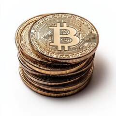 Bitcoin physical coins arranged in pyramid shape on white surface