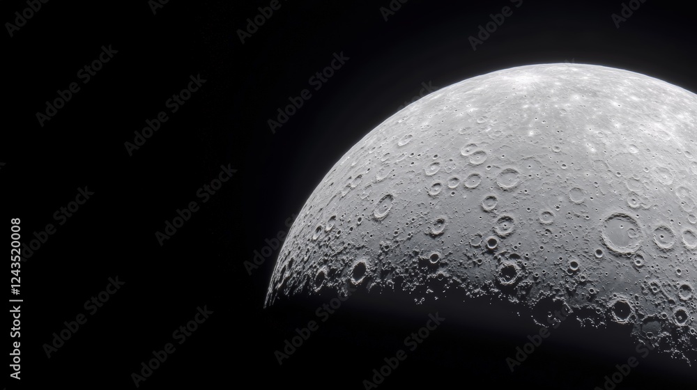 Aufkleber Craters and surface details are visible on a partially illuminated moon against the backdrop of the black expanse of space, creating a striking contrast between light and shadow