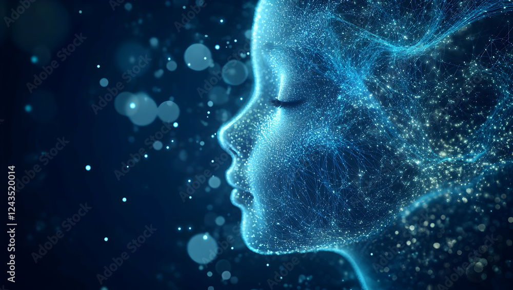 Poster abstract digital background with a blue, glowing wave of dots and lines on a dark blue background