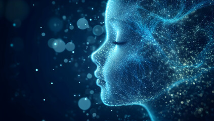 Abstract digital background with a blue, glowing wave of dots and lines on a dark blue background