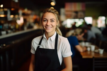 Smiling portrait of a young female Caucasian waitress in cafe