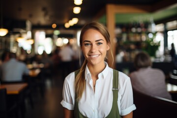 Smiling portrait of a young female Caucasian waitress in cafe