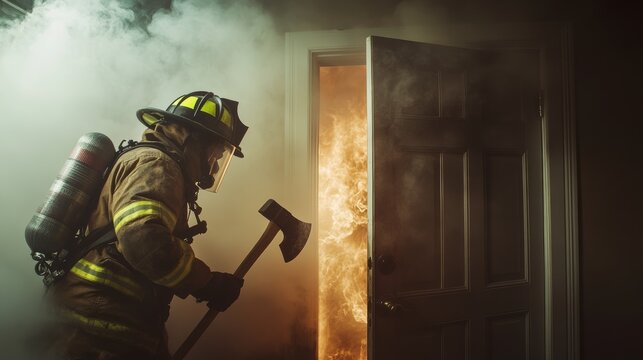 A firefighter in protective gear battles flames emerging from an open door, surrounded by smoke in a dramatic, intense scene.