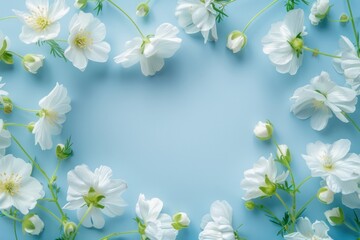 Fototapeta premium floral composition in the form of a frame and border of white buttercups on a blue background empty and blank middle romantic