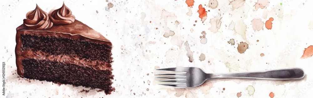 Poster Close-up of a rich chocolate cake slice with fluffy frosting and a fork beside it