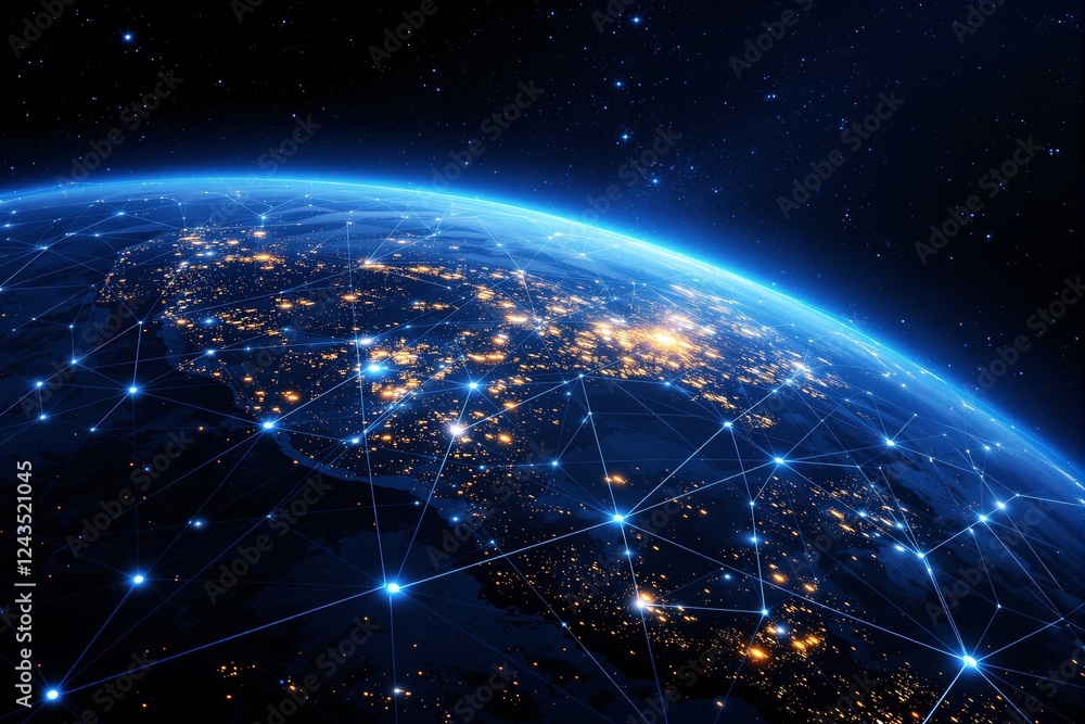 Poster global network connections on earth viewed from space, illuminated in blue light.