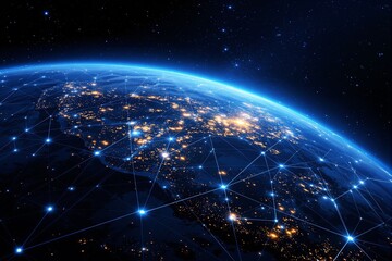 Global Network Connections on Earth Viewed from Space, Illuminated in Blue Light.