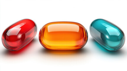 Brightly colored capsules in red, orange, and turquoise, showcasing their glossy surfaces and distinct shapes, evoke sense of health and vitality