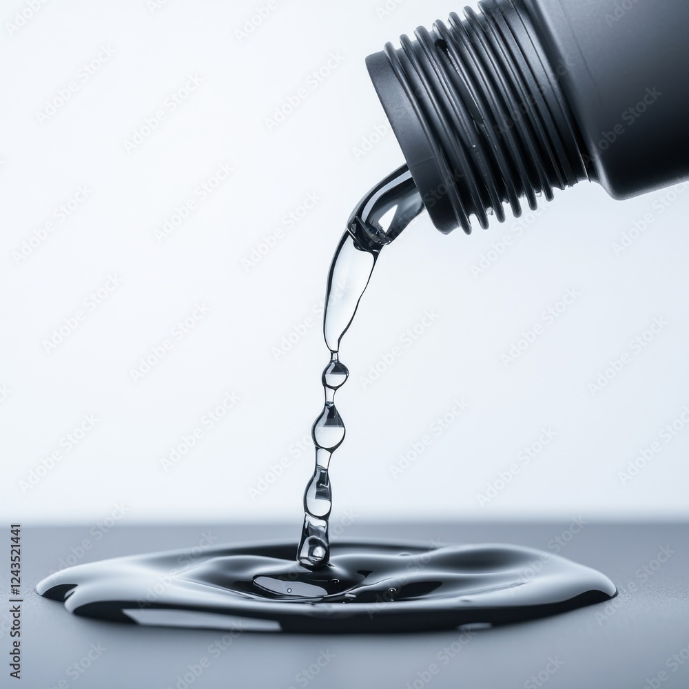 Poster black liquid pouring from nozzle into pool on surface creating ripples and drips in minimalist setti