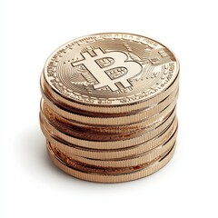 Dynamic stack of gold Bitcoin coins on white background