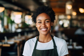 Smiling portrait of a young female African American waitress in cafe
