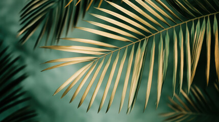A luxurious botanical-themed background featuring softly layered palm leaves in muted green and gold tones