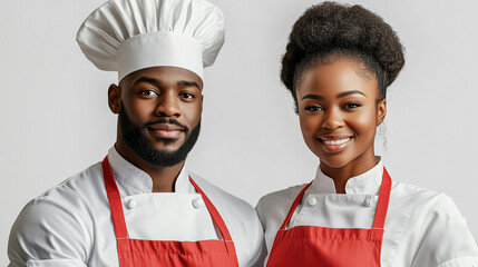 A professional couple of African American chefs guy and girl smiling culinary expert pose together, showcasing teamwork and passion for cooking in a modern kitchen