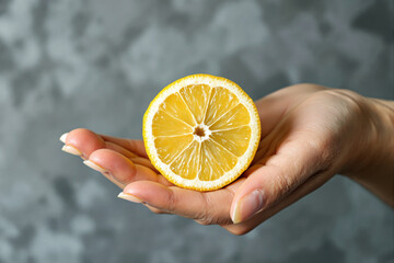 Close-up of a lemon half held in a hand against a blurred gray background.