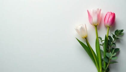 Fototapeta premium White lily stems with a few pink tulips and a sprig of eucalyptus, greenery, eucalyptus, stems