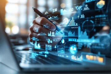 Hand interacts with digital data on futuristic interface with glowing charts and graphs.