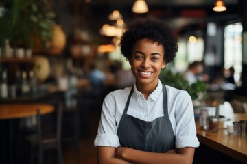 Fototapeta premium Smiling portrait of a young female African American waitress in cafe