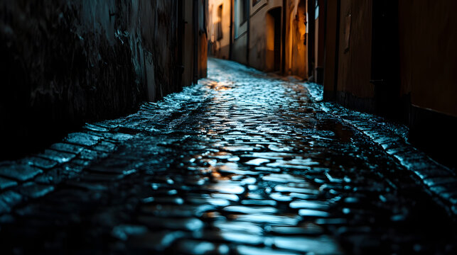 A dark alleyway under a full moon, where the shadows twist into unnatural forms and whispers seem to come from the walls themselves.
