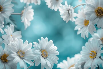 Fototapeta premium floral natural blue turquoise background with a frame of white daisies using a soft blur filter blur and bokeh light border