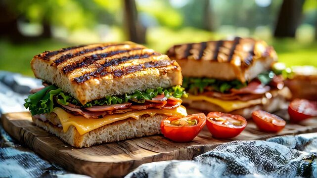 A delicious ham and cheese sandwich with crispy grilled bread, fresh lettuce, and cherry tomatoes served on a picnic table outdoors