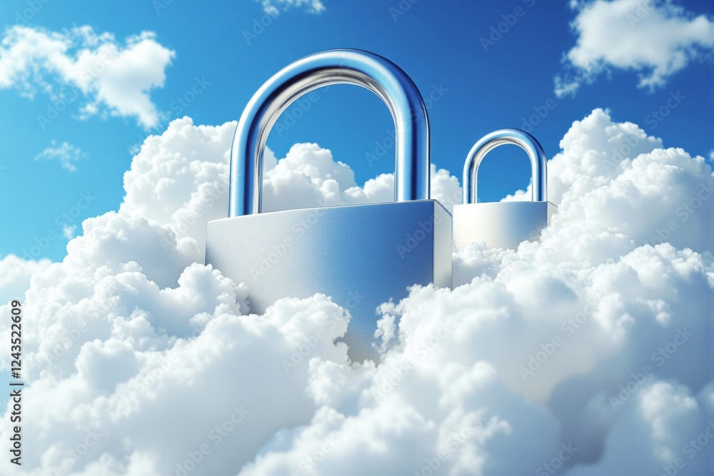 Poster cloud security concept with padlocks in fluffy clouds under a bright blue sky.