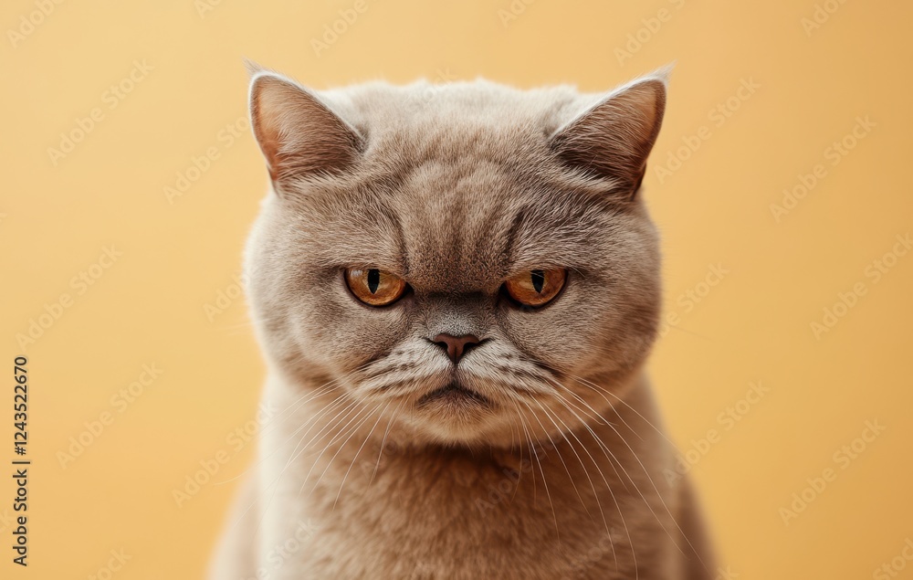 Poster close-up image of a grumpy gray cat with intense yellow eyes posing against a soft yellow background