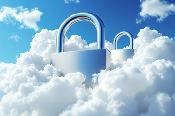 Cloud security concept with padlocks in fluffy clouds under a bright blue sky.