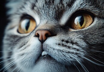 Close-Up Image of a Curious Domestic Cat with Striking Yellow Eyes and Detailed Fur Texture, Capturing the Essence of Feline Beauty and Expression