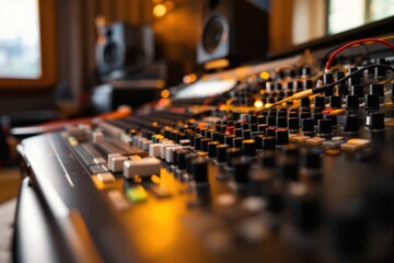Close-up of an audio mixing console in a professional studio with blurred background and warm lighting.